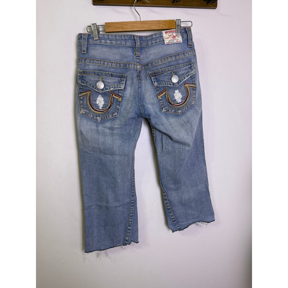 True Religion Joey Big T Jeans 30 Made in USA Distressed Flare Crop Y2K Rainbow